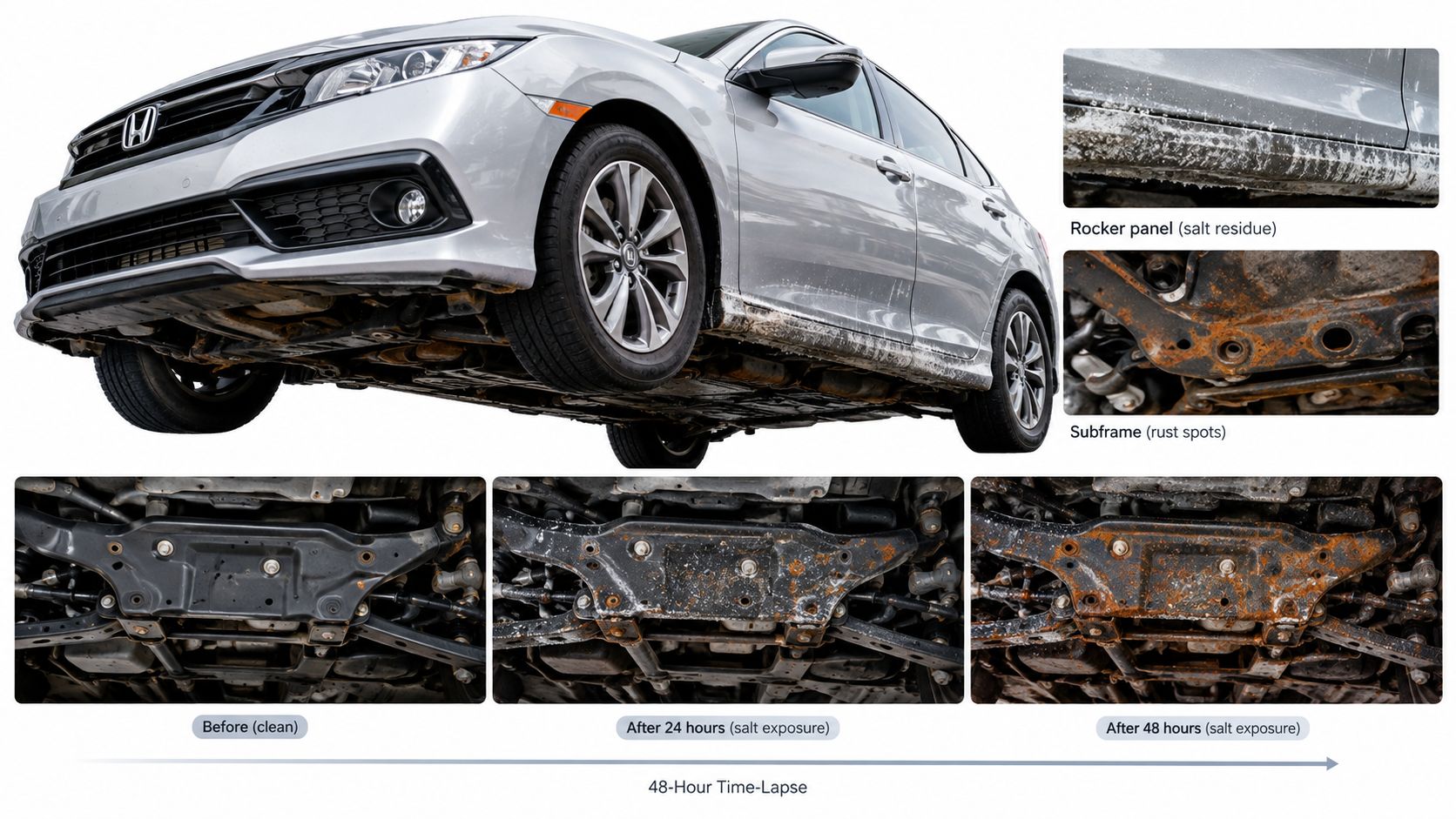 A silver Honda Civic showing salt damage and progressive rust on the undercarriage during a 48-hour time-lapse.