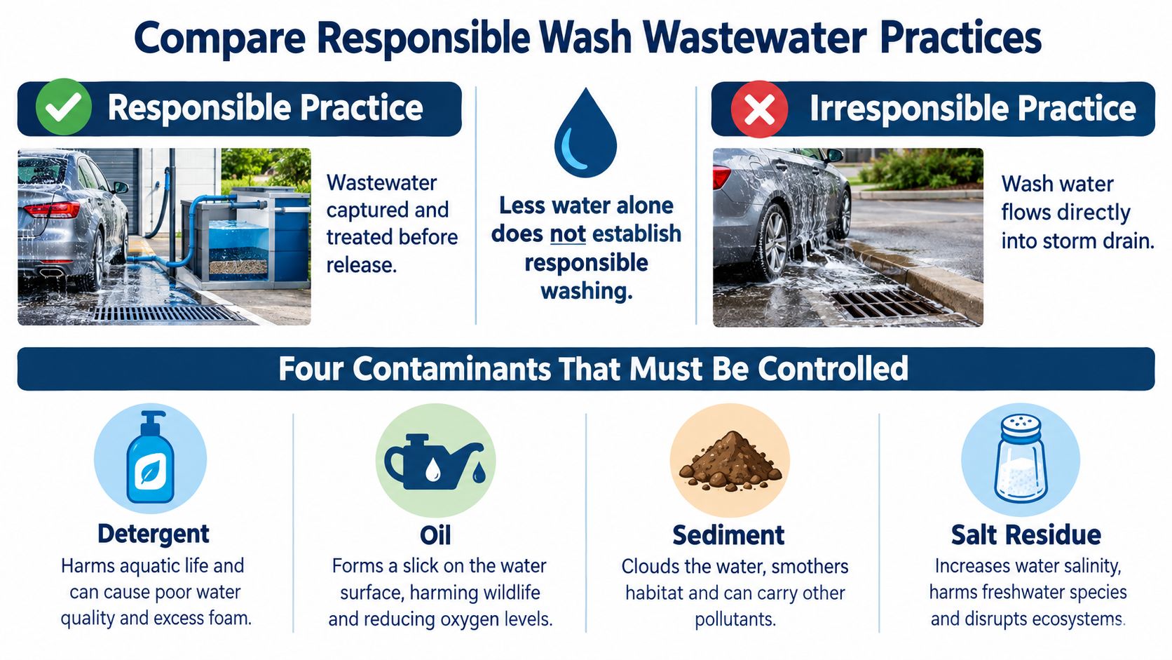 An infographic comparing responsible and irresponsible car wash wastewater practices and listing four key water contaminants.