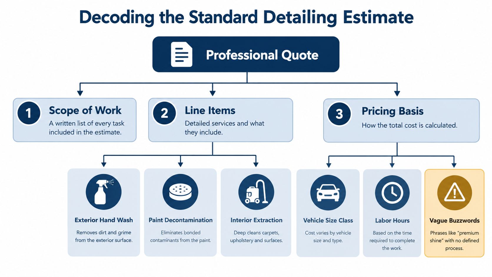 A diagram breaking down a professional car detailing quote into scope of work, line items, and pricing basis.