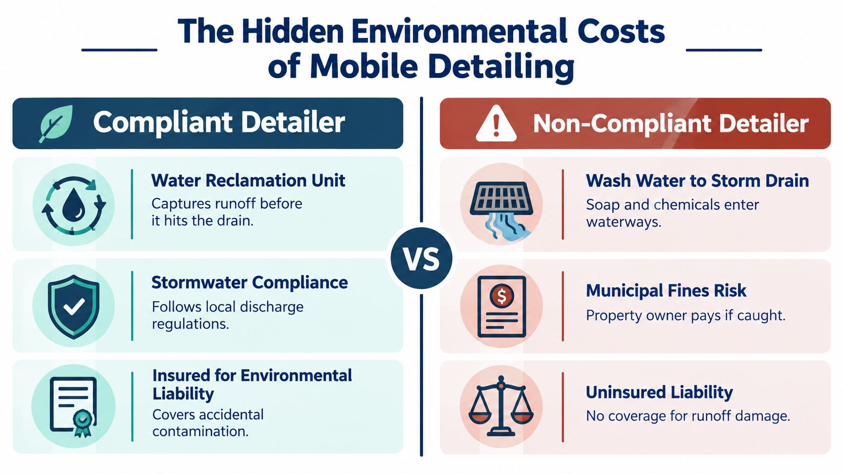 A comparative chart showing the environmental benefits of compliant car detailing versus the risks of non-compliant practices.