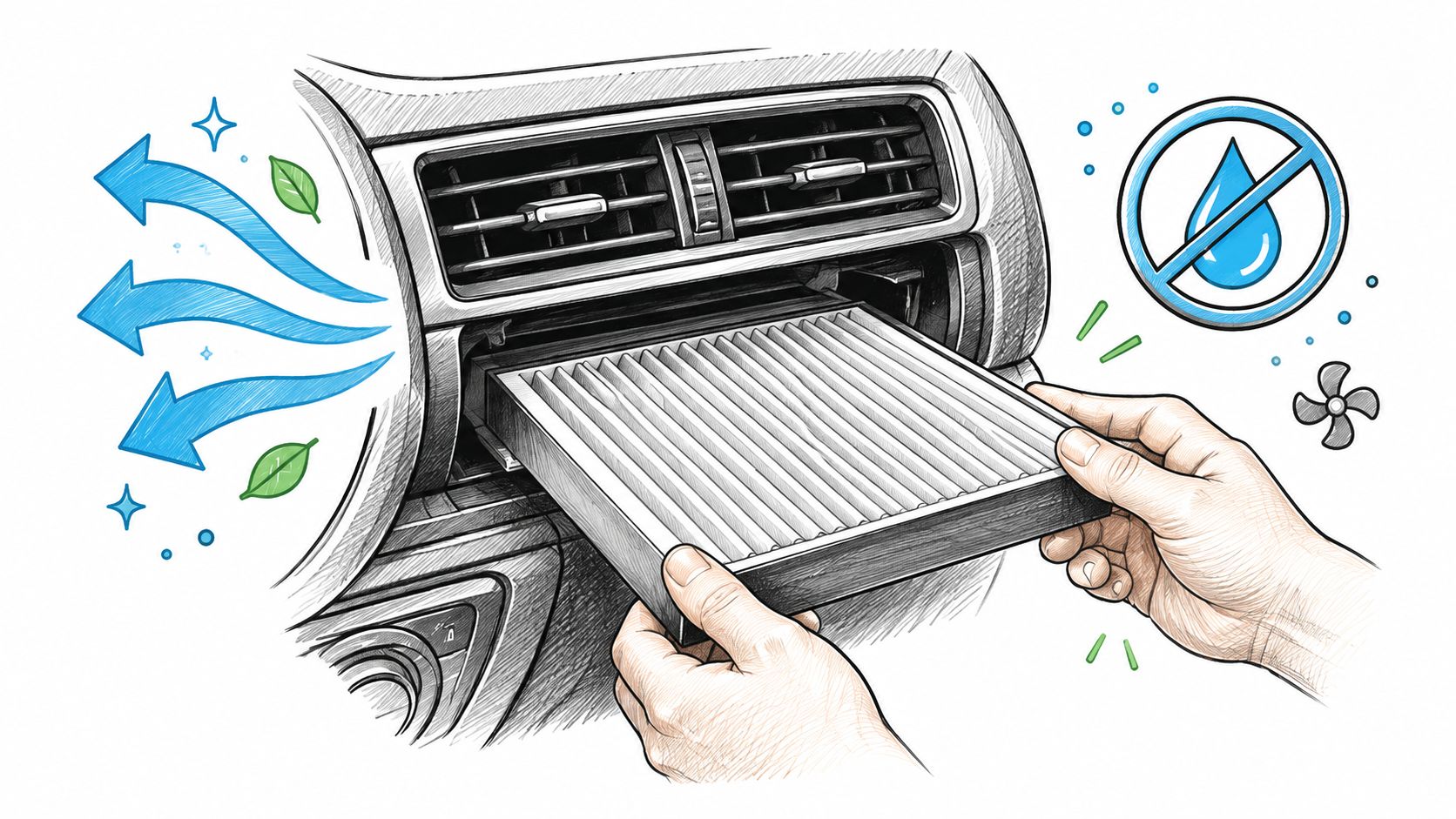 A close-up drawing of hands replacing a clean car cabin air filter into the dashboard ventilation system.