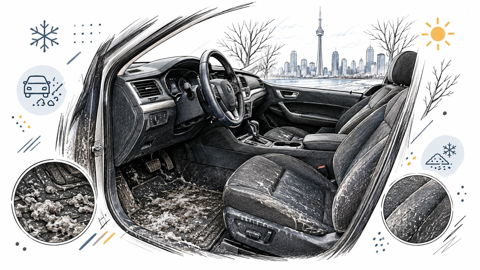 A digital illustration showing a messy car interior with snow and dirt needing to be cleaned.