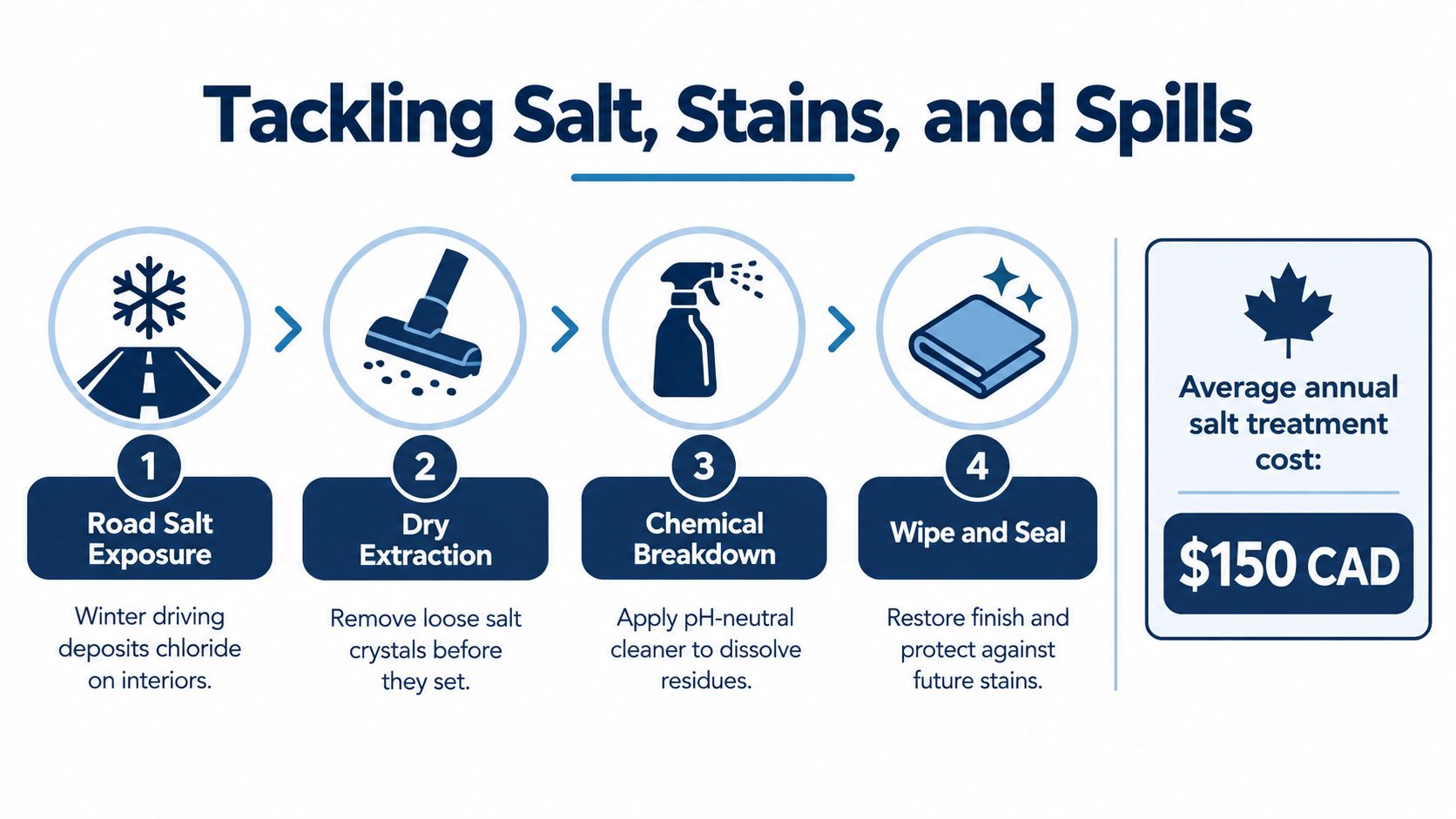A four-step infographic illustrating the professional process for removing road salt stains from car interiors.