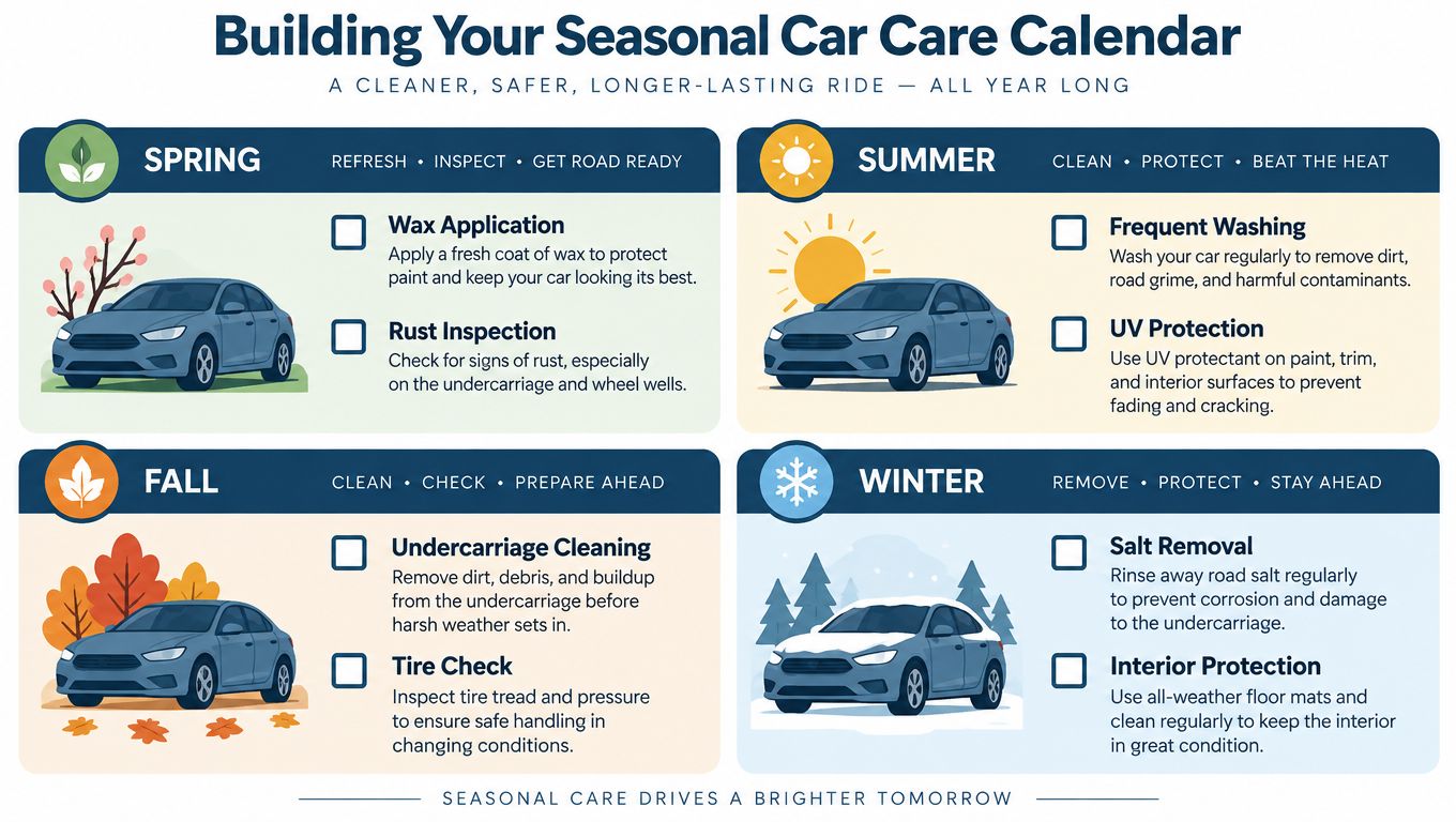 An infographic titled Building Your Seasonal Car Care Calendar outlining maintenance tips for spring, summer, fall, and winter.