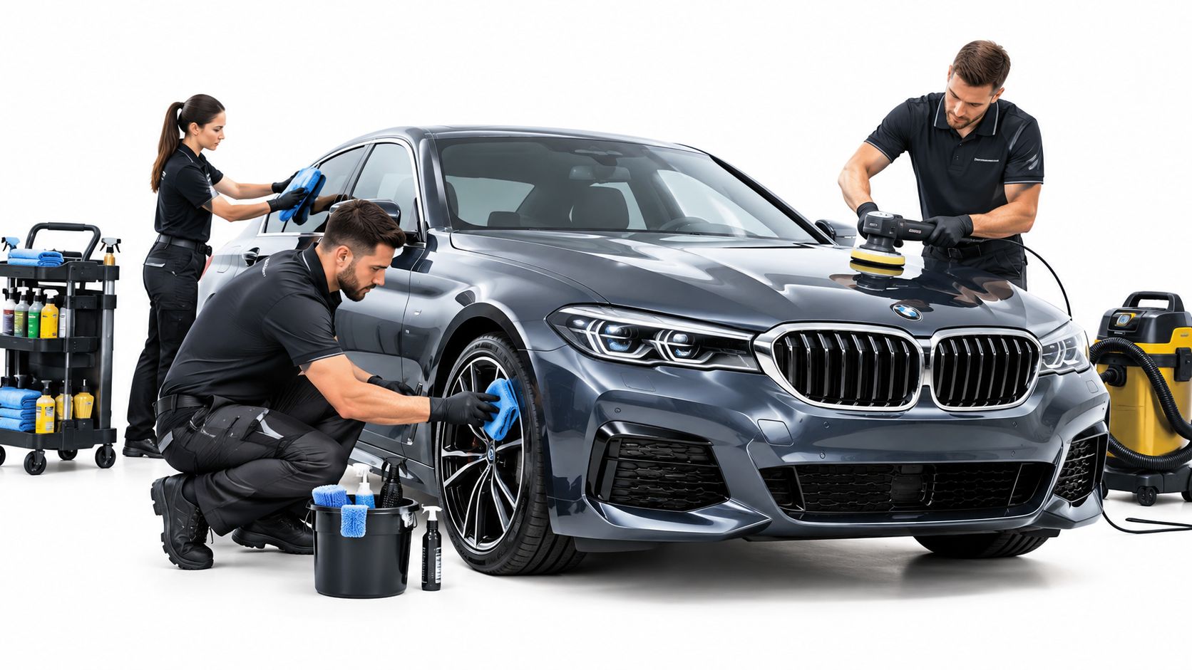Professional team performing deep cleaning and polishing on a dark grey sedan in a studio.