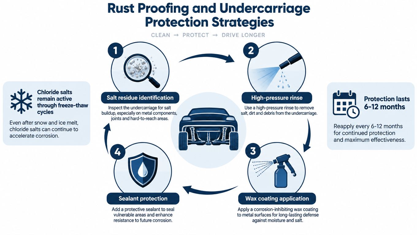 A four-step infographic showing how to perform rust proofing and undercarriage protection for a vehicle.