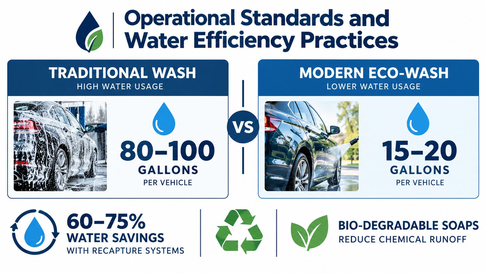 A comparison chart showing water usage efficiency between traditional car washes and modern eco-friendly wash methods.