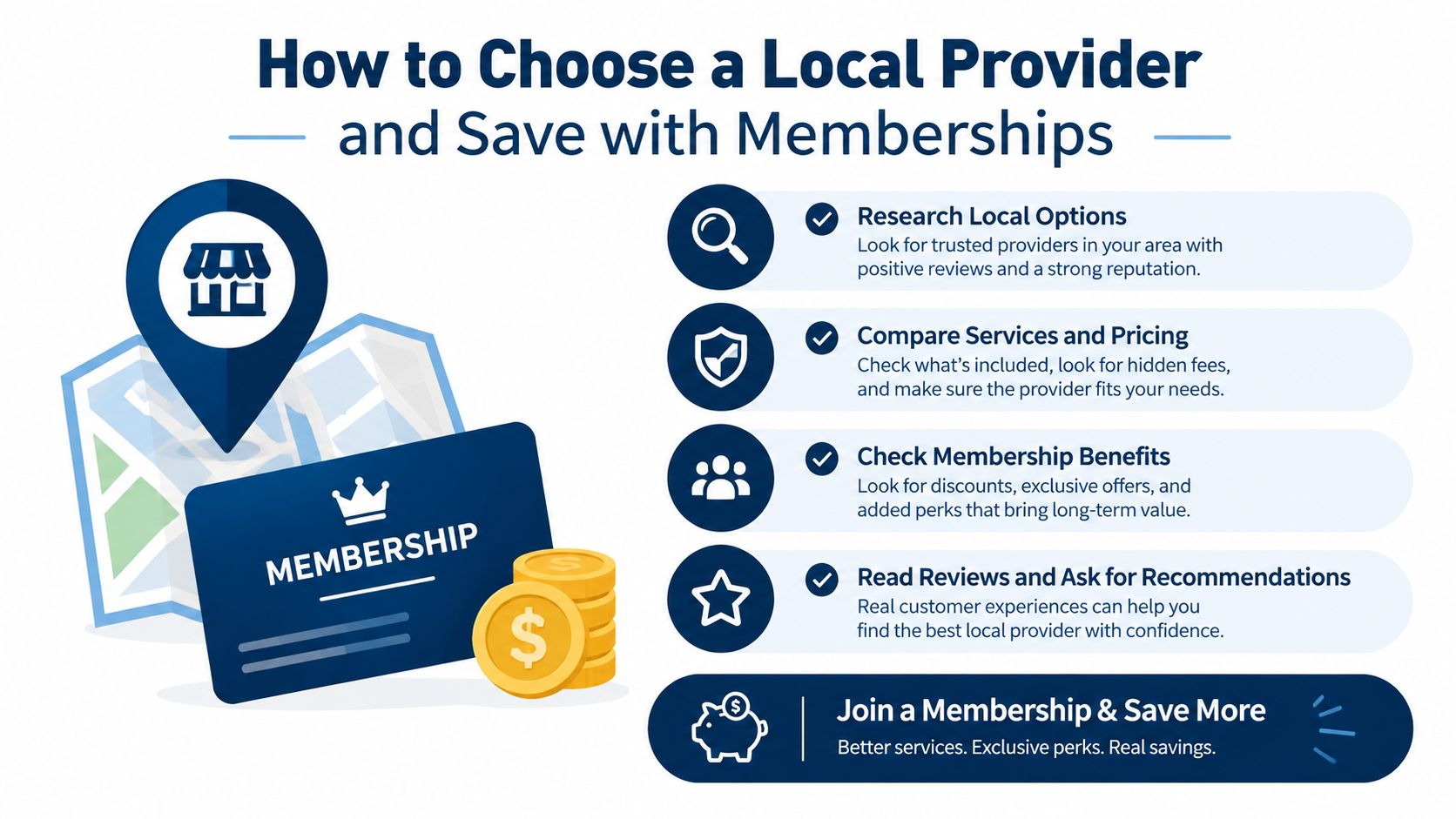 An infographic titled How to Choose a Local Provider and Save with Memberships, featuring tips on selecting services.