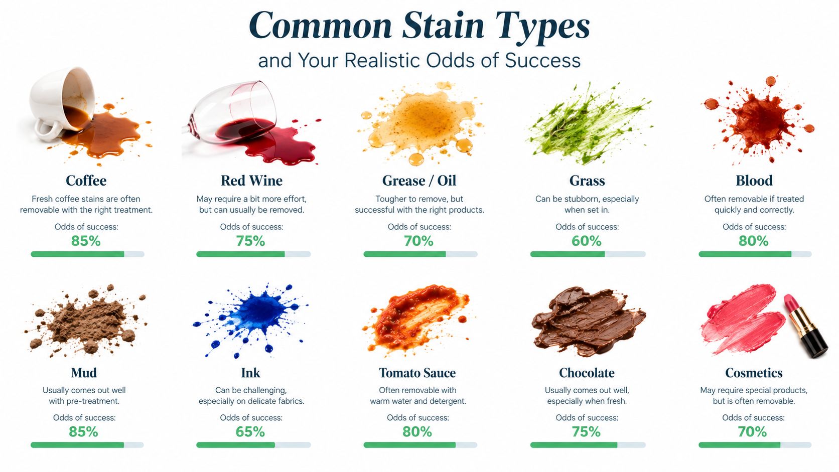 A visual guide listing various common household stains with their respective success rates for effective removal.