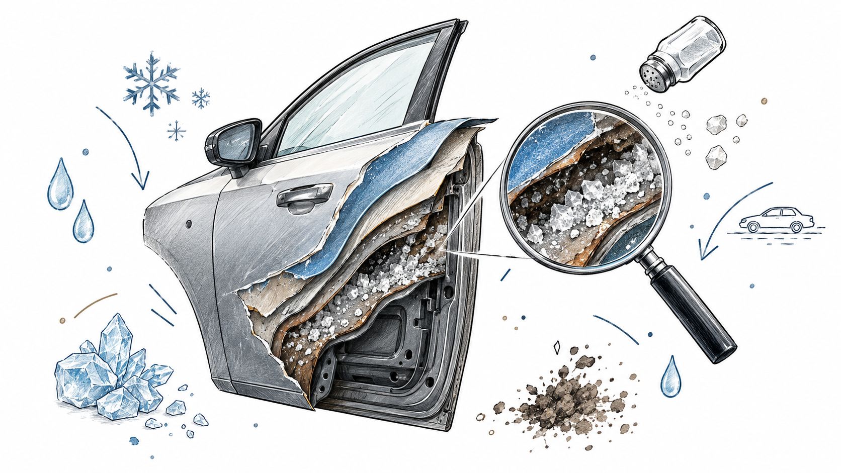 A detailed illustration showing a car door cross-section affected by corrosion from road salt and moisture.