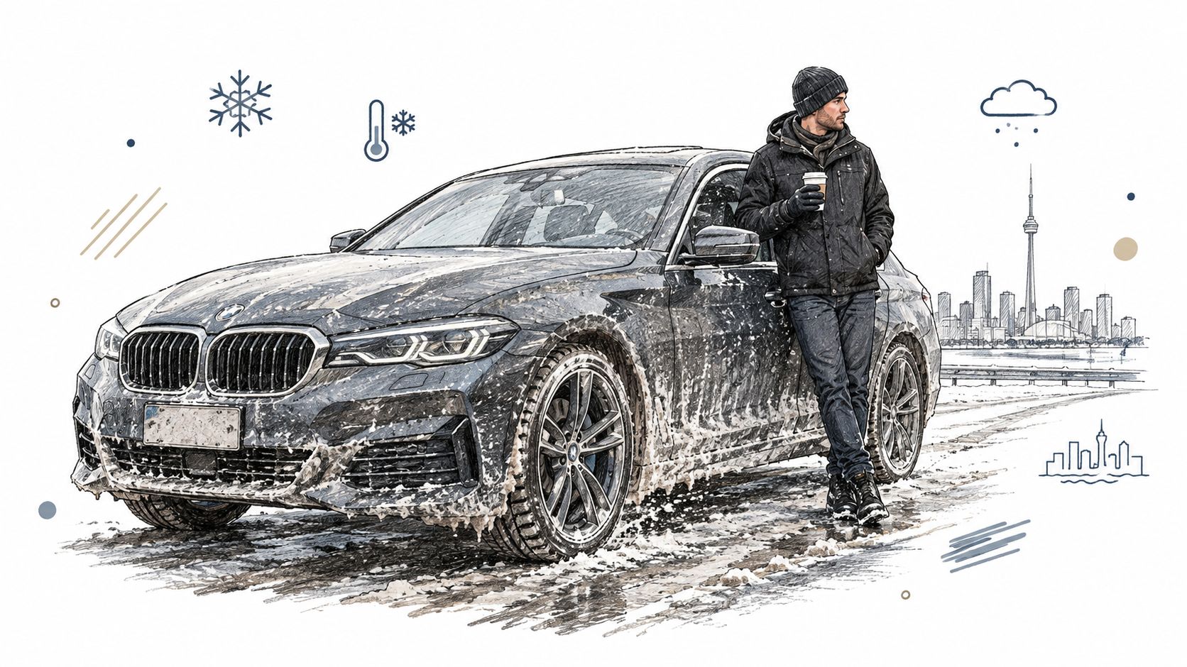 A man in winter gear leans against a snowy BMW car with a coffee near a city skyline.