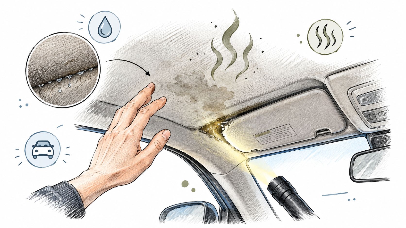 A hand touching a water-damaged car ceiling with visible mold and a flashlight illuminating the stain.