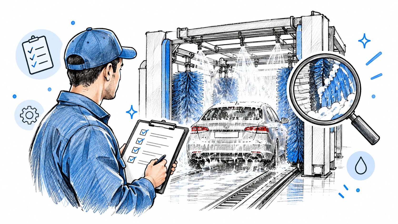 A technician with a clipboard observing a car going through an automated car wash tunnel.