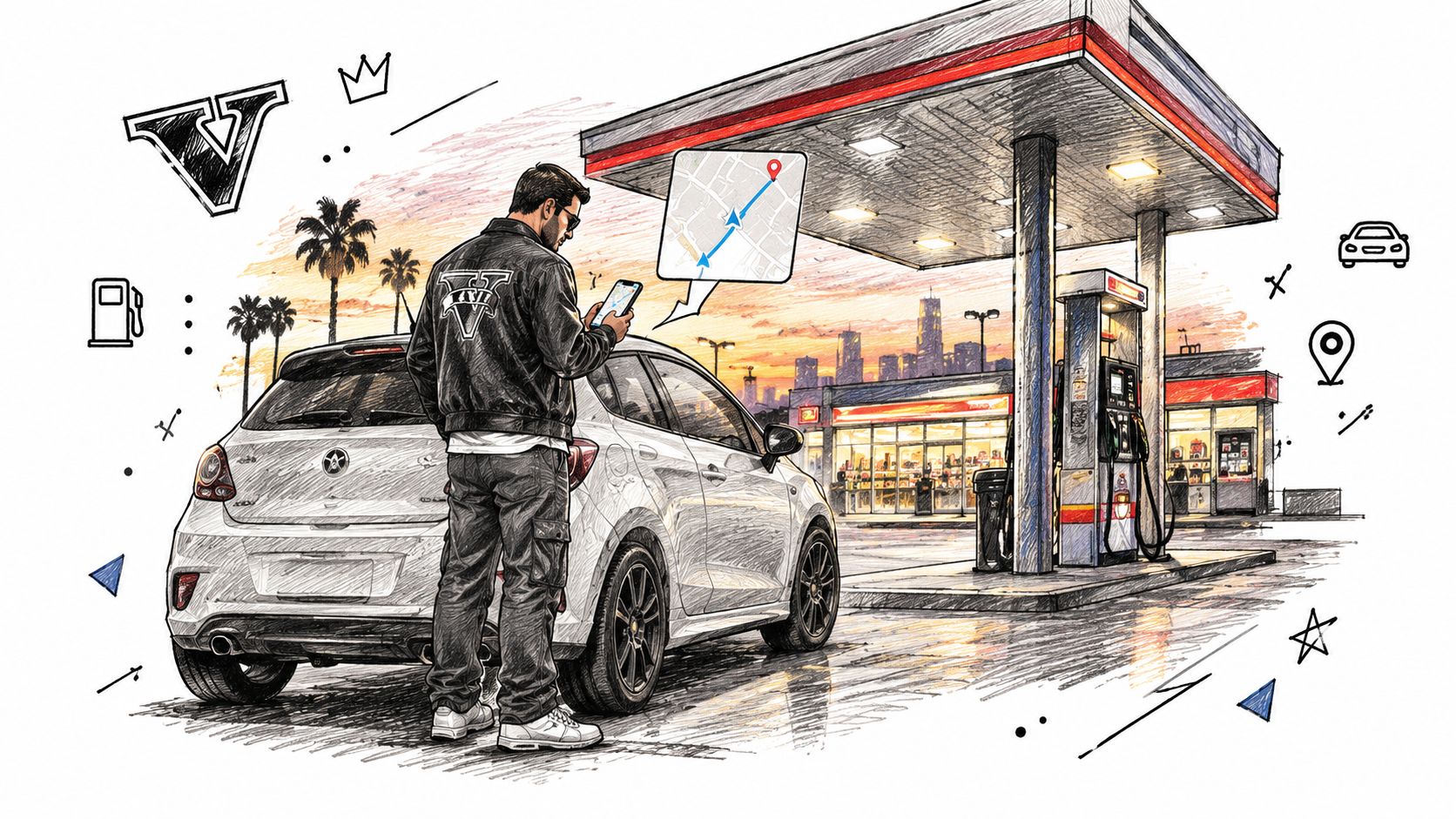 A man using his smartphone to find directions at a gas station with his parked car.