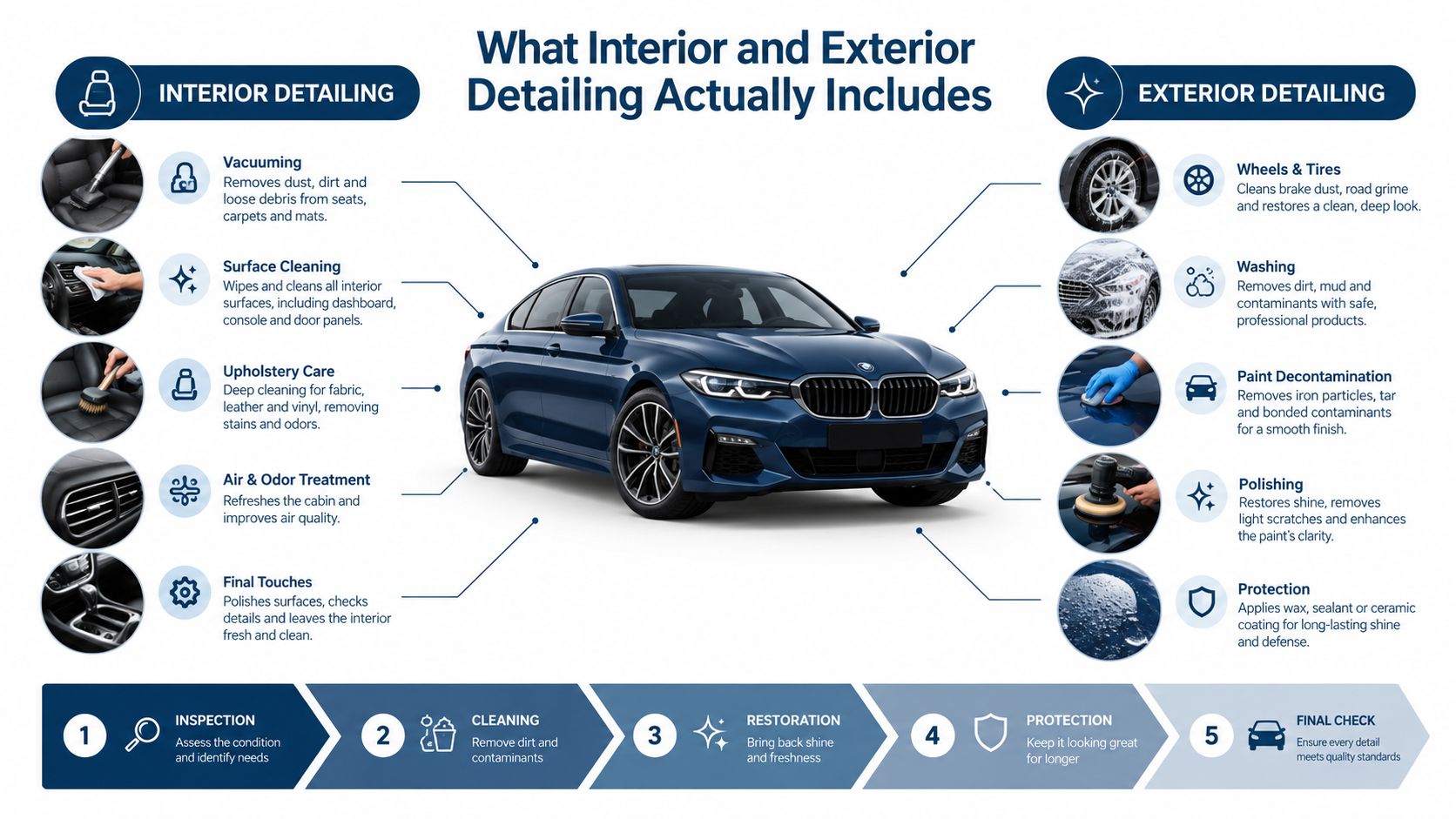 A detailed infographic explaining the steps involved in professional interior and exterior car detailing services.