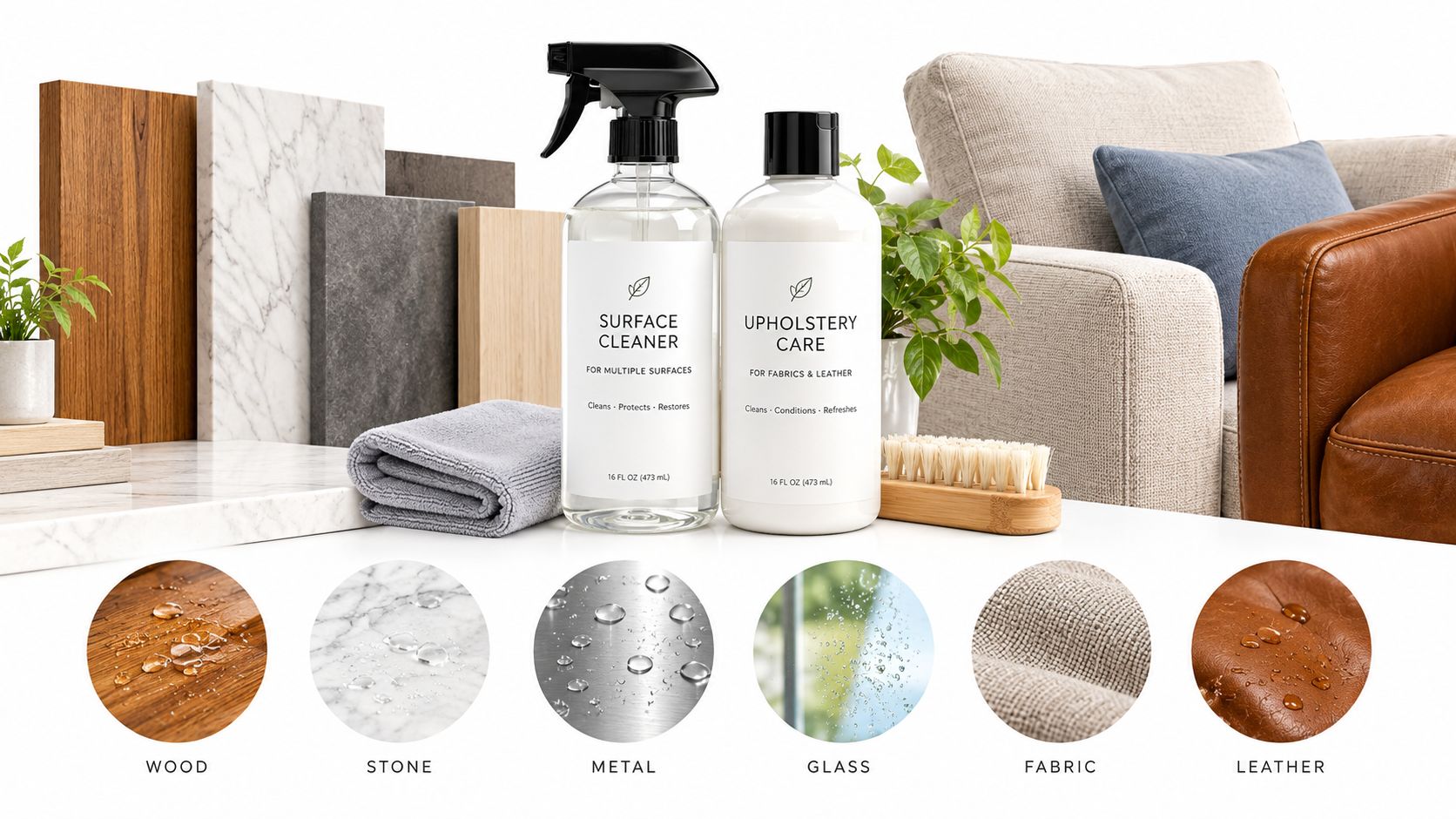 Cleaning products with spray and cream bottles displayed alongside various material samples like wood, stone, metal, and leather.