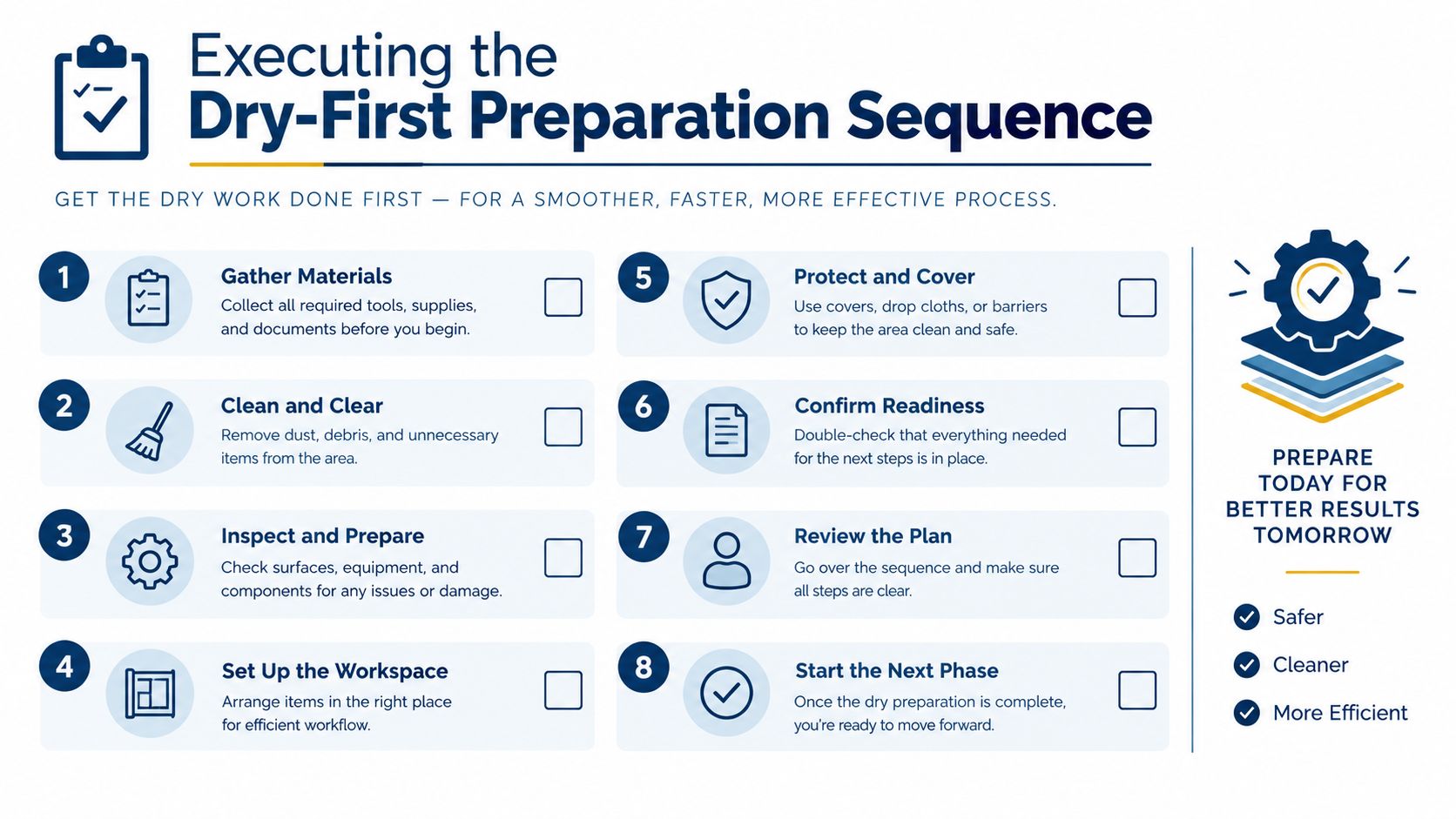 A checklist infographic titled Executing the Dry-First Preparation Sequence displaying eight numbered steps for workflow preparation.