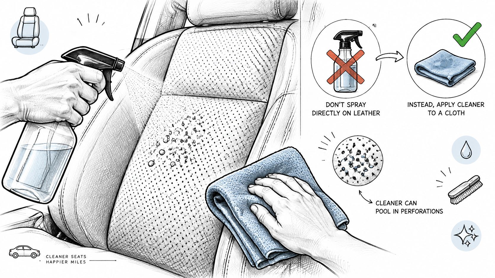 A hand cleaning perforated leather car seats by applying cleaner to a cloth instead of spraying directly.