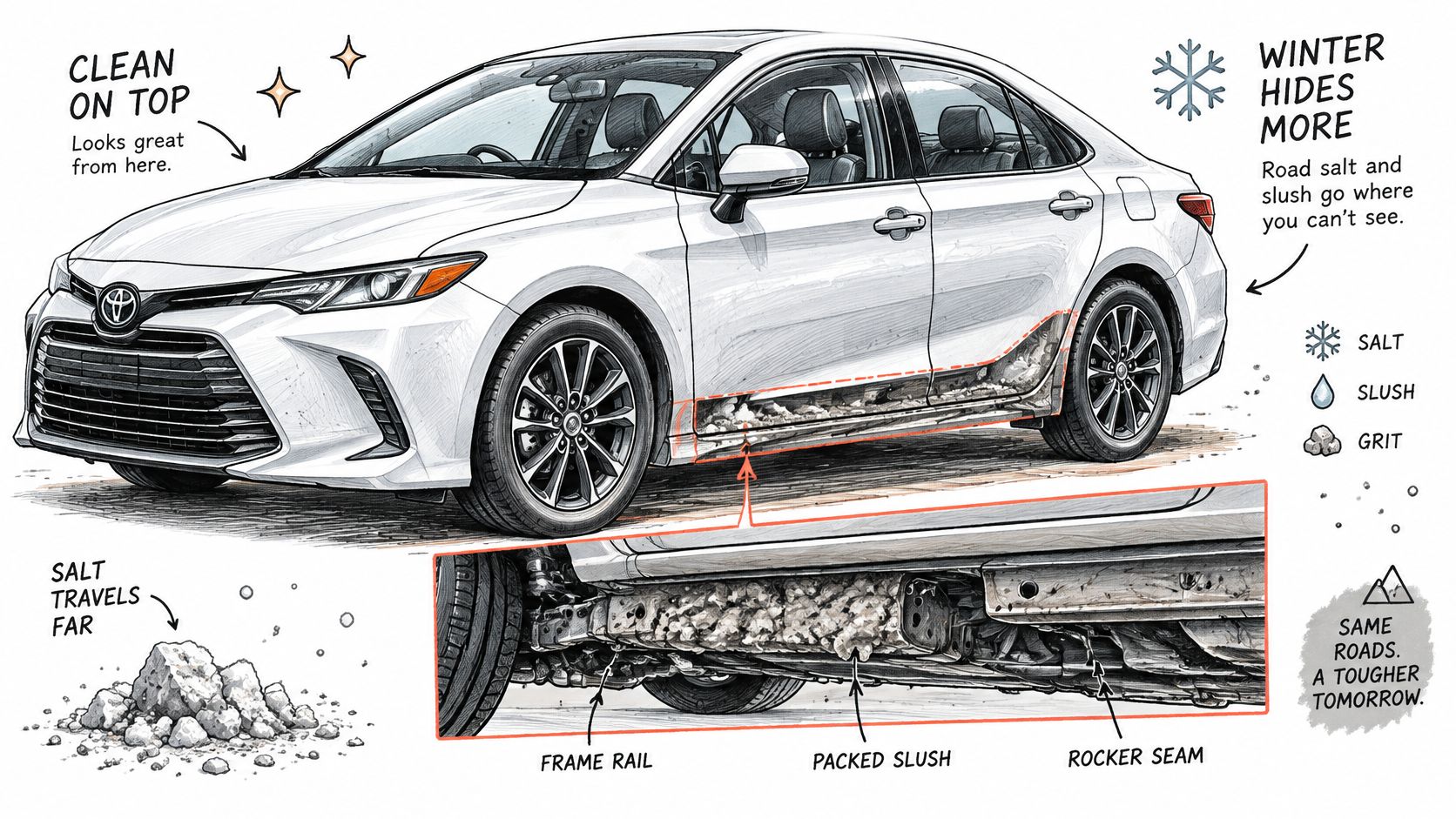 A diagram showing how winter road salt and slush accumulate under a car's frame and rocker seams.
