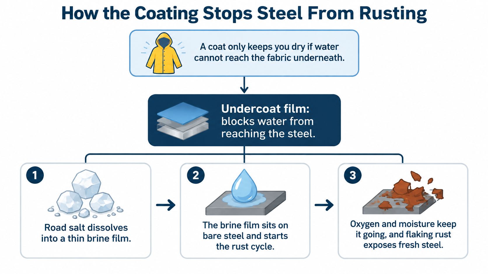 A diagram explaining how undercoat film protects steel from rusting by blocking water and salt moisture.