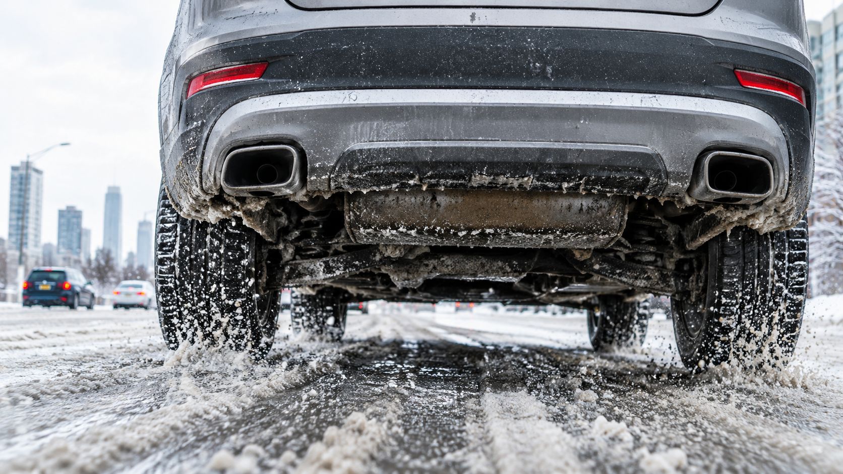 Low angle view of a vehicle undercarriage showing accumulated snow and slush on a winter road.