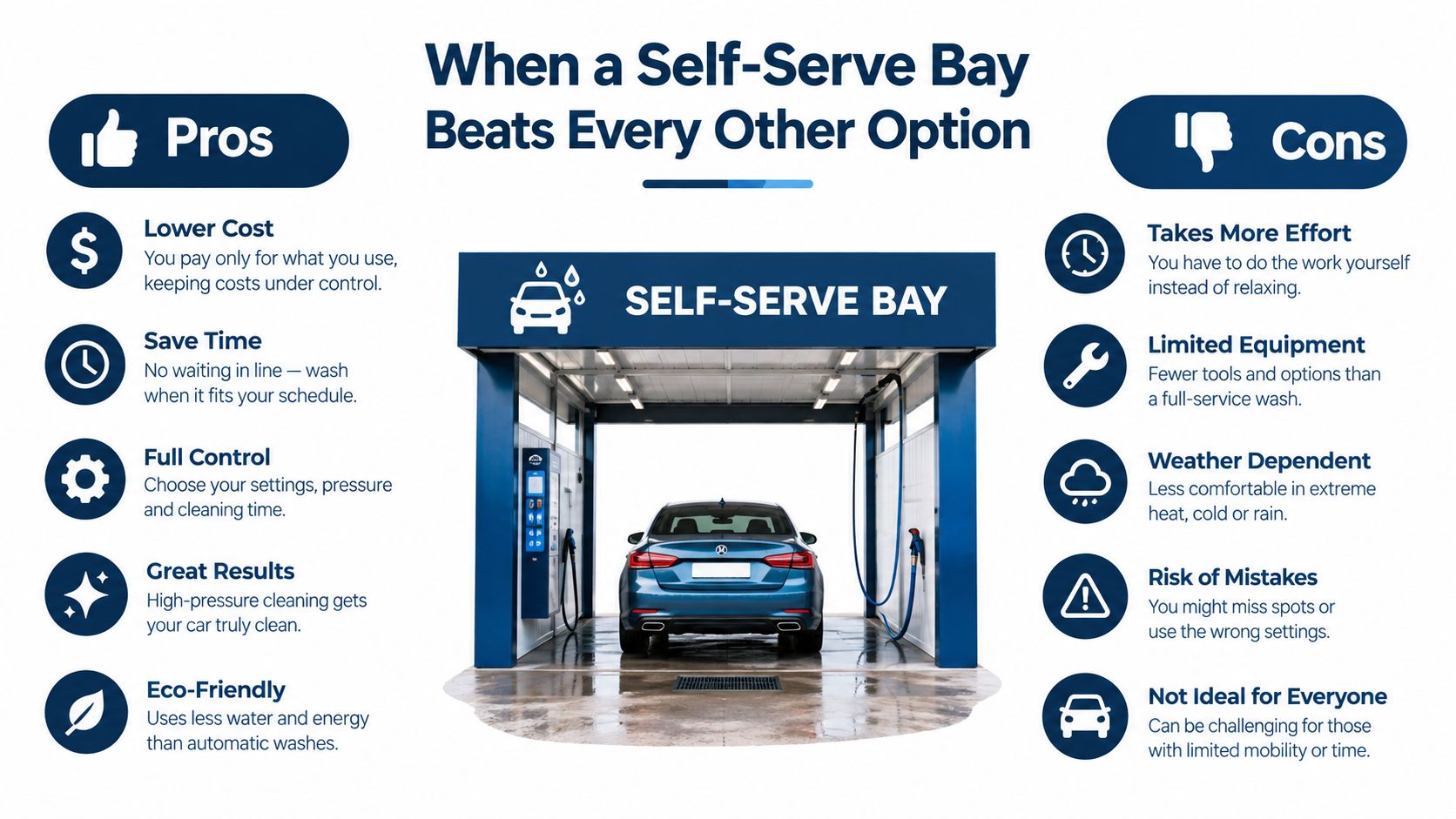 An infographic comparing the pros and cons of using a self-serve car wash bay for vehicle cleaning.