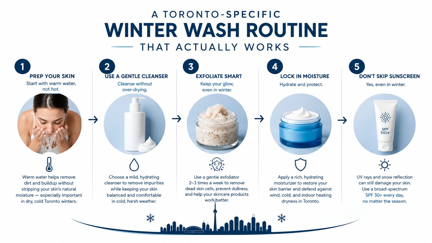A five-step skincare infographic titled Winter Wash Routine tailored for maintaining healthy skin during Toronto winters.
