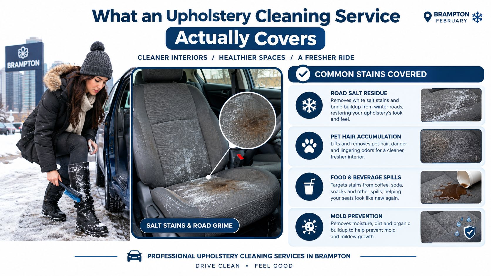 A woman cleaning car upholstery in winter, alongside a list of services for cleaning car seats.