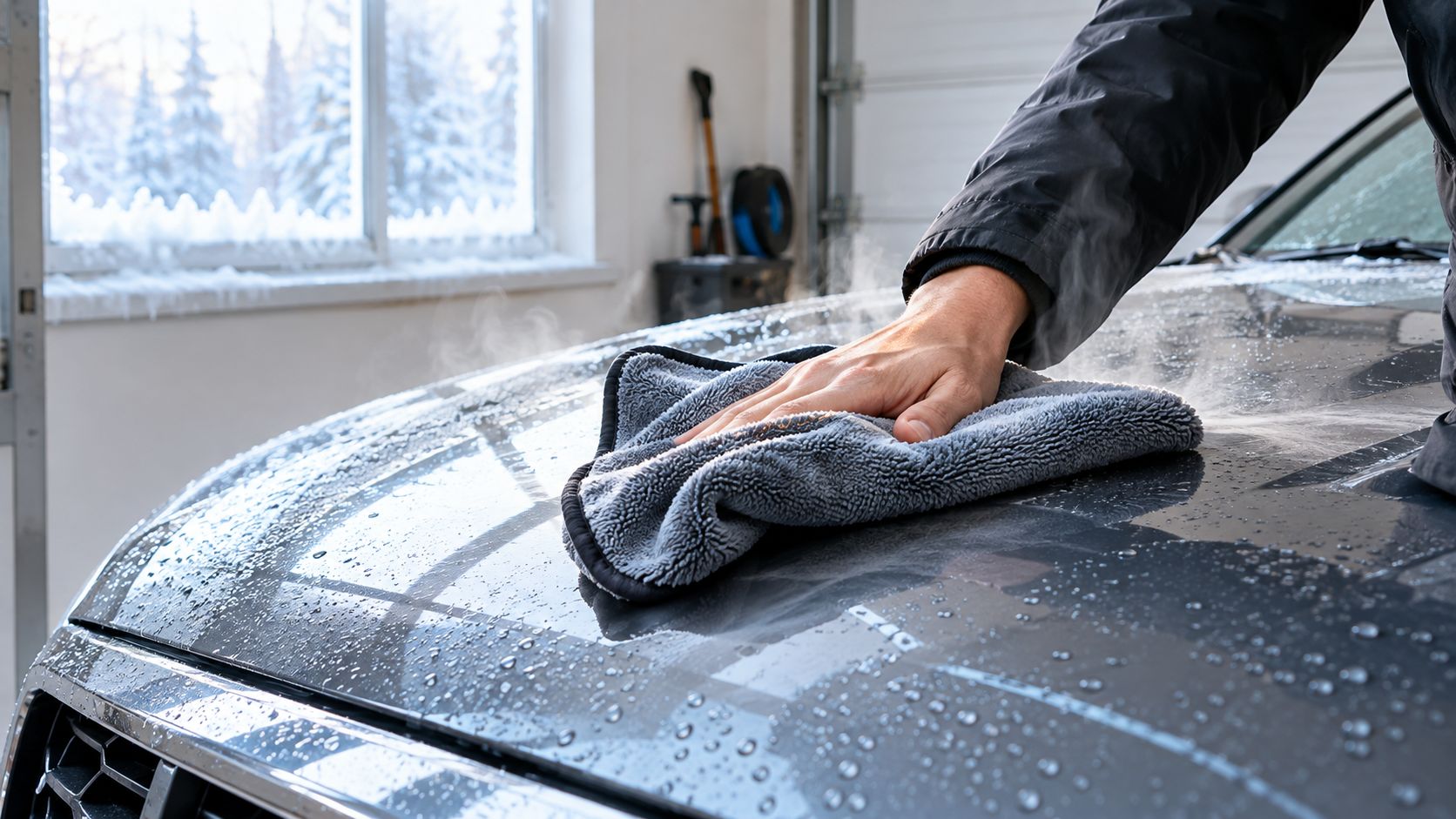 A person using a microfiber cloth to clean steam and water droplets off a car hood.