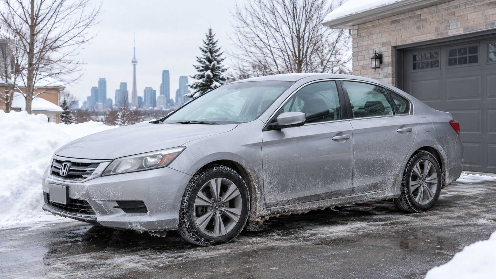 A dirty silver Honda Accord parked in a snowy driveway with the Toronto city skyline in the background.