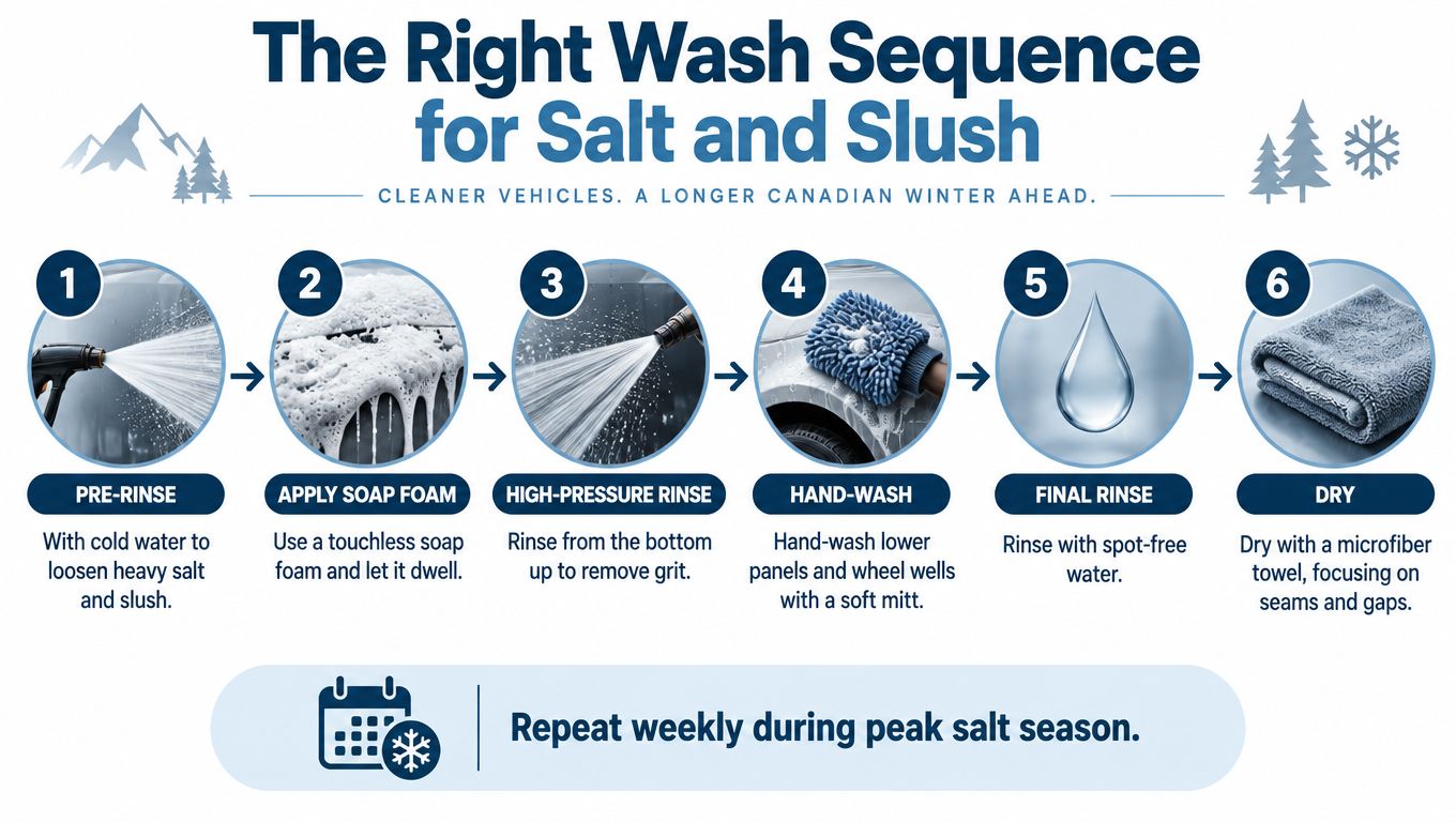 An infographic showing a six-step process for washing salt and slush off a car during winter.
