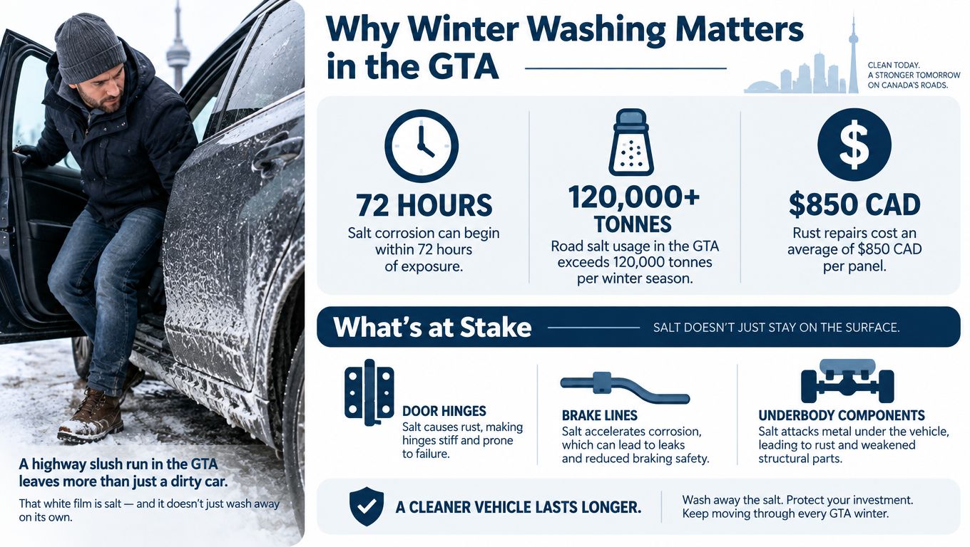 An infographic showing why winter car washing is essential to prevent salt corrosion in the GTA region.