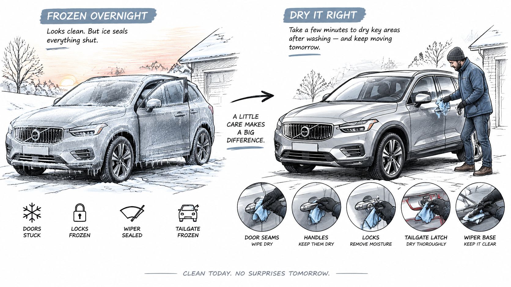 An illustration showing how to dry vehicle components after washing in winter to prevent freezing.