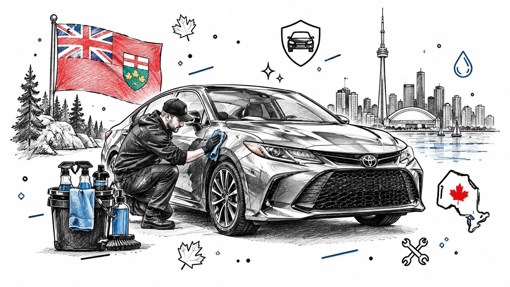 A professional car detailer cleaning a Toyota sedan with the Toronto skyline and Ontario flag background.