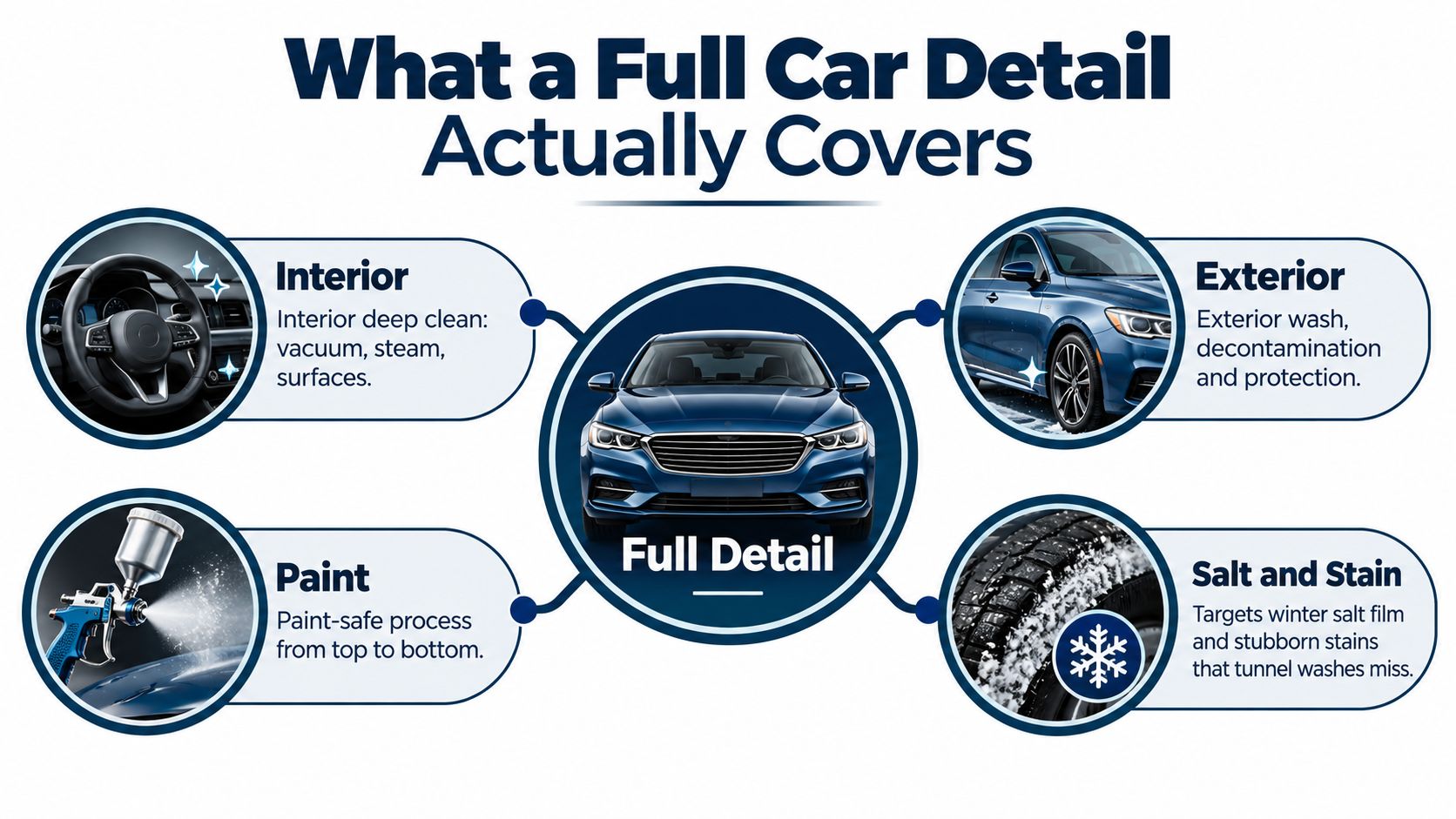 An infographic titled What a Full Car Detail Actually Covers, detailing interior, exterior, paint, and salt removal services.