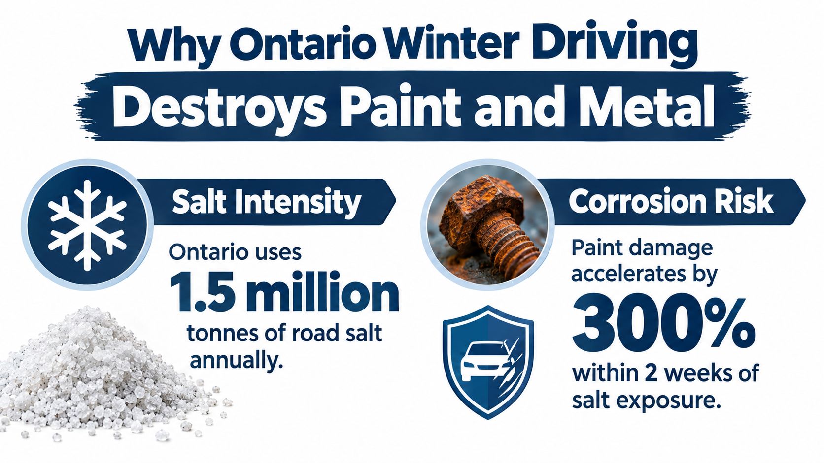 An infographic showing that Ontario uses 1.5 million tonnes of road salt causing increased vehicle corrosion.