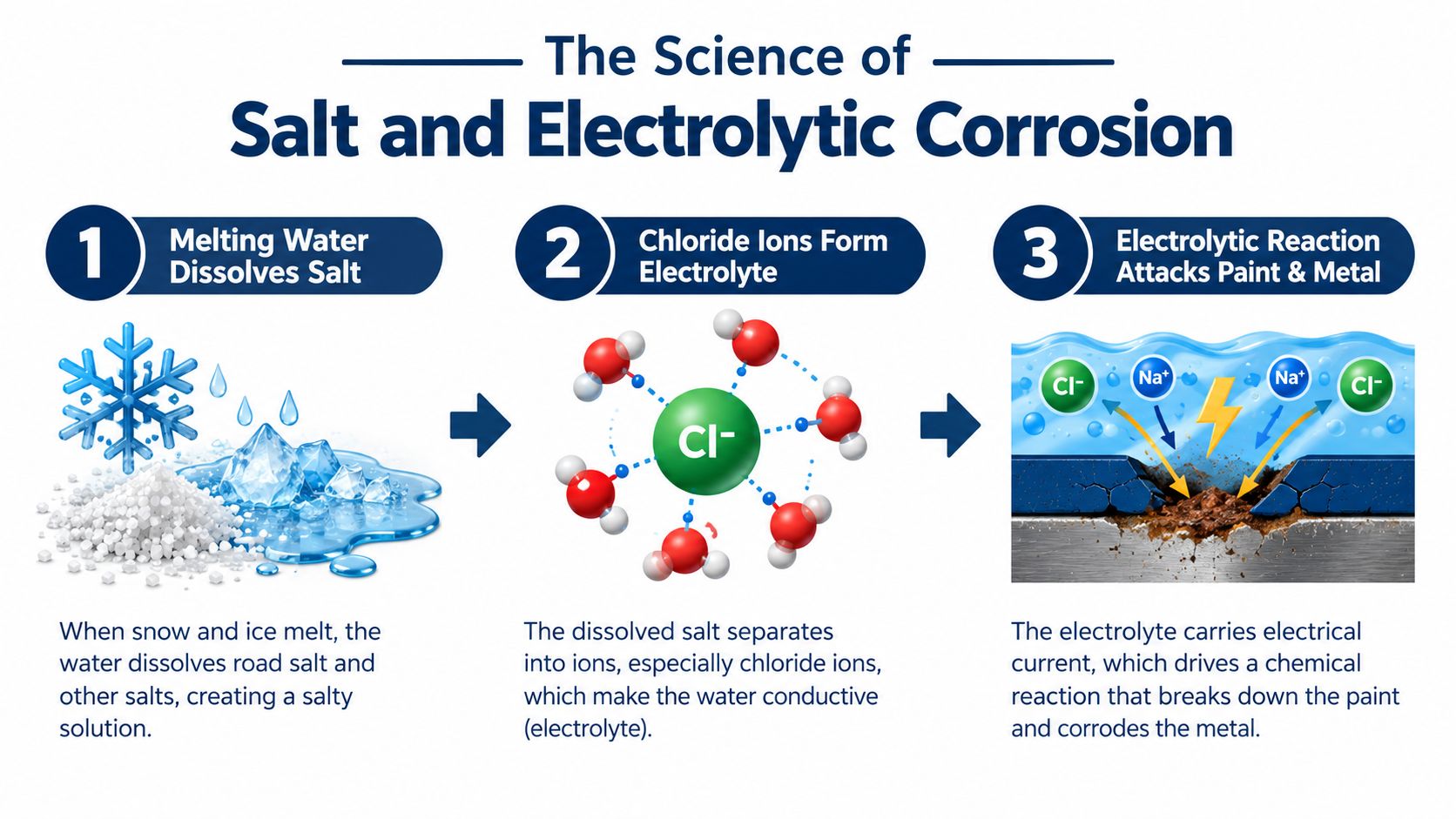 An infographic showing three steps of electrolytic corrosion caused by road salt on a vehicle's metal surface.